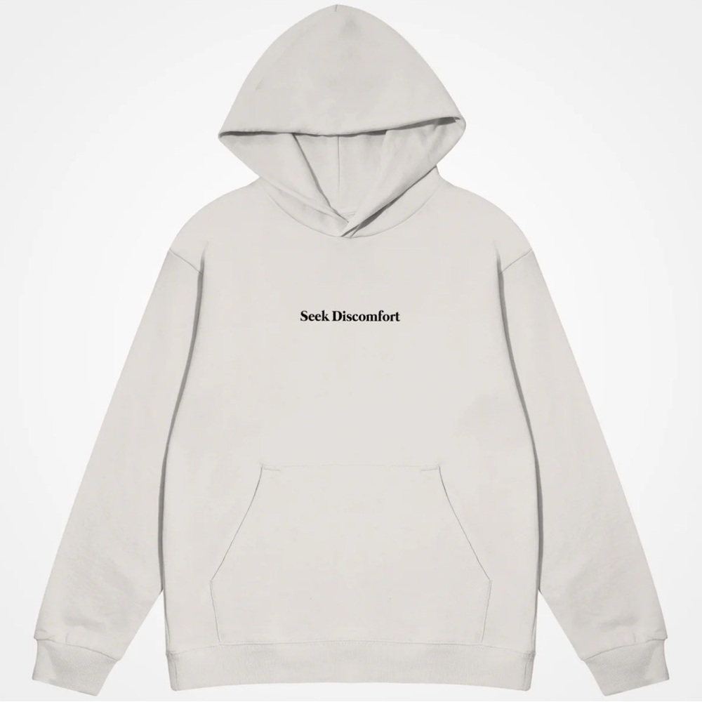 Seek Discomfort Off White Minimalist Hoodie with Ribbed Cuffs